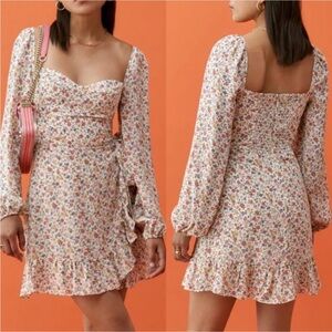 Reformation Cammi Long Sleeve Faux Wrap Mini Dress Ronan Cream Floral 2